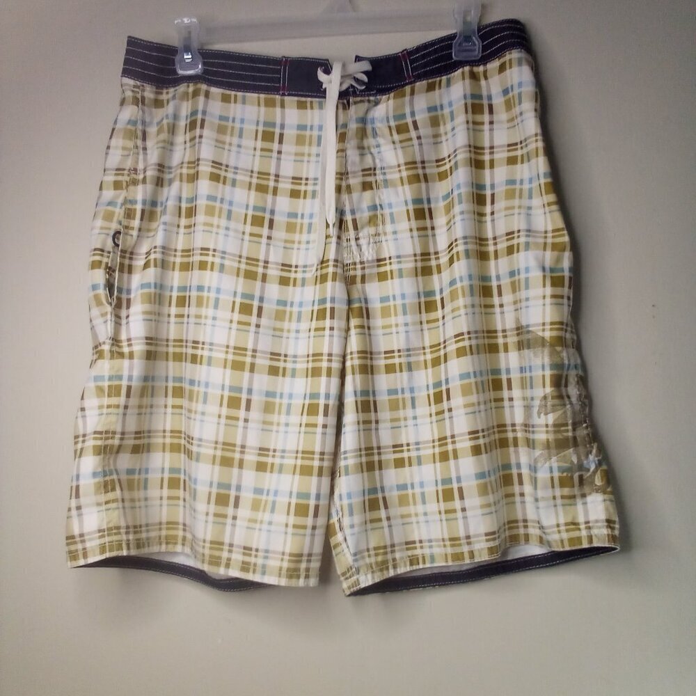 American Eagle Swim Trunks Men 36 Plaid Zip & Tie Pockets Brown Blue